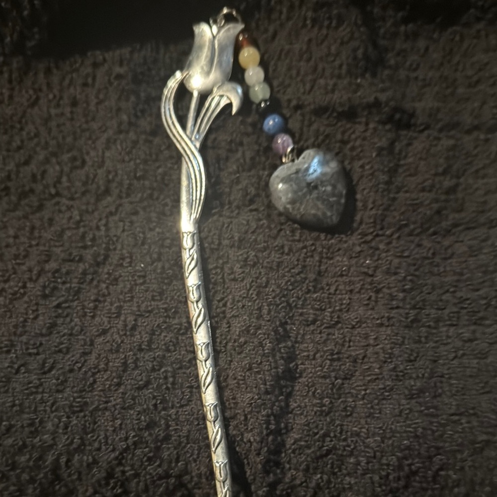 Silver Floral Bookmark with Laborite stone Heart Charm